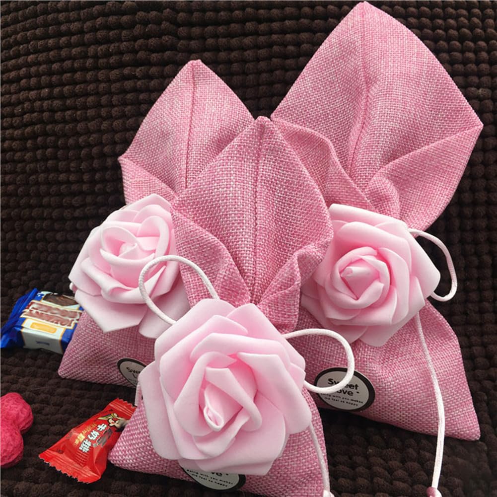 50pcs 9×18cm Geschenktüten mit Blumen Leinen Schmuckbeutel Schmuckbeutel Geschenkbeutel Leinensäckchen für Hochzeit Babydusche Weihnachten Party Schmuck Süßigkeiten Rosa