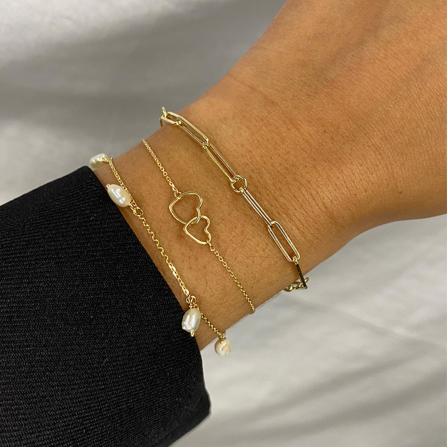 JACKIE GOLD Schmuck Damen | 14 Karat / 585 Echt Gold Armband | Double Heart Bracelet JKB23.049 | 16 – 17 – 18 cm Länge verstellbar | Armkette mit Herzen