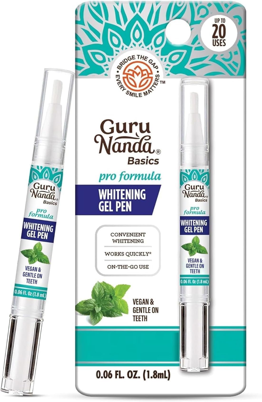 GuruNanda Teeth Whitening Pen,(0.06 fl oz)-20 Uses, Vegan &amp; Gentle on Teeth Pro Formula - Hydrogen Peroxide Whitening Gel Pen, Cruelty-Free, Mint Flavor (Pack of 6)
