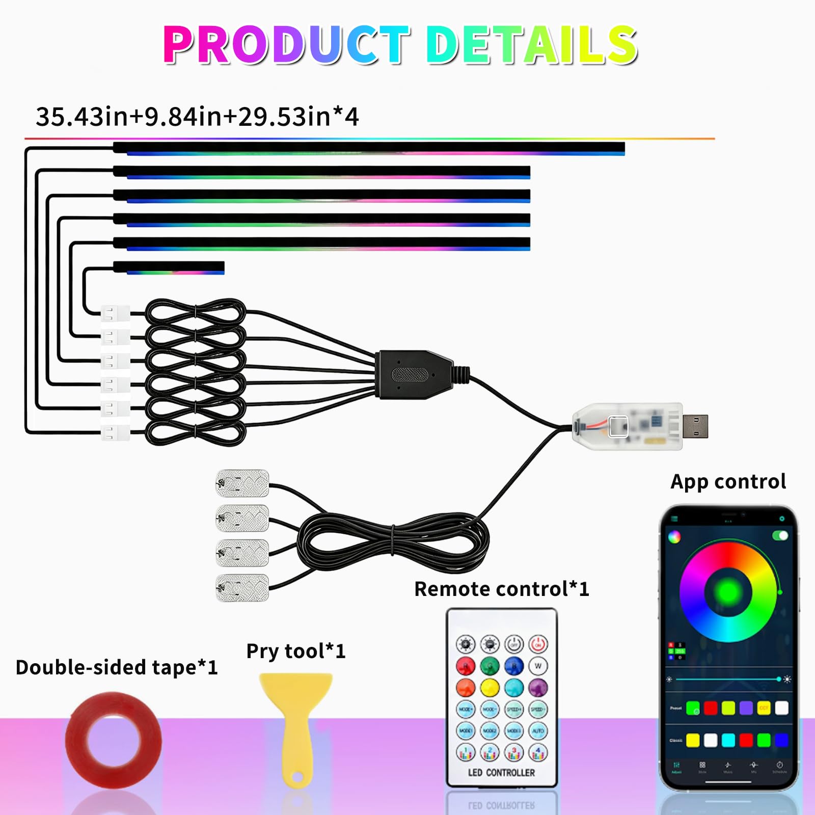 Acrílico 6 en 1 Auto Ambientebeleuchtung RGB LED Auto Innenbeleuchtung Strip Lights 445cm 584 LEDs con 16 millones de colores, 210 Dynamische, USB-Port A uto LED Innenbeleuchtung