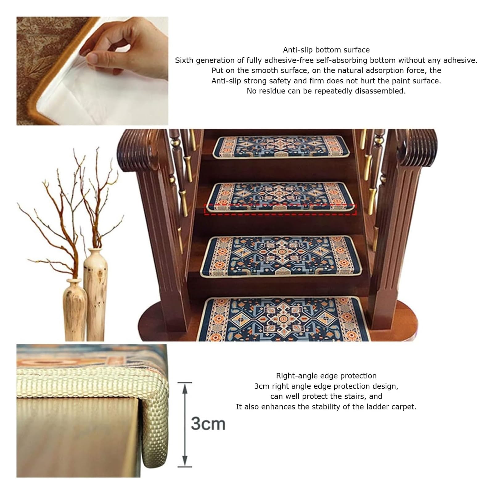 Treppenteppich Teppich ,Rutschfeste Innentreppenma 5 PCS Chinesische Treppenmatten, Treppenteppich Anti-Bewegung und rutschfeste Treppen Selbstklebende Treppenmatten for Kinder, ältere Menschen und Ha