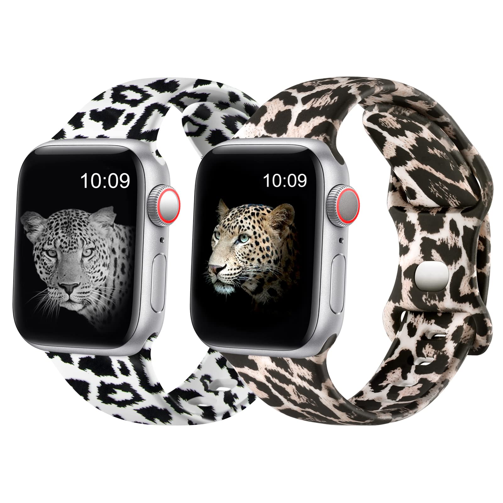 2 Pack Bands ONLY Compatible with Apple Watch Band 38mm 40mm 41mm S/M, Soft Silicone Double Sided Printed Pattern Sport Replacement Strap for iWatch SE Series 8 7 6 5 4 3 2 1, Leopard & Black Leopard
