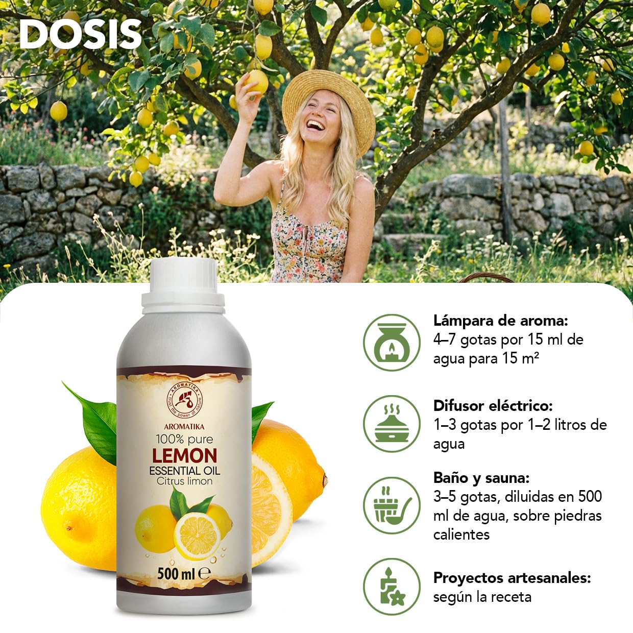 Aceite Esencial de Limón 500 ml - Citrus Limon - Natural y Puro - Aceites Esenciales para Difusores - Fragancias para el Hogar - Jabones y Velas - Sauna - Aroma Cítrico - Aromaterapia
