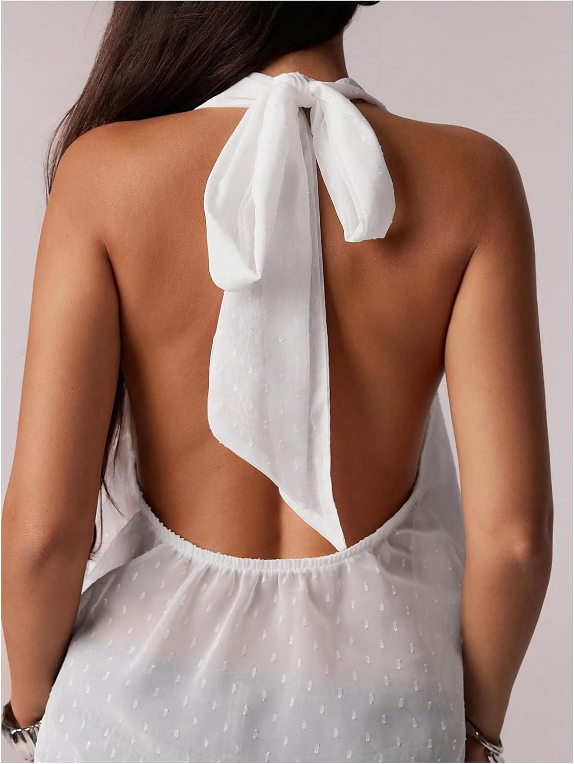 MAKEMECHIC Women's Tie Back Halter Tops Mesh Swiss Dots Knot Backless Sleeveless Tank - Image 4