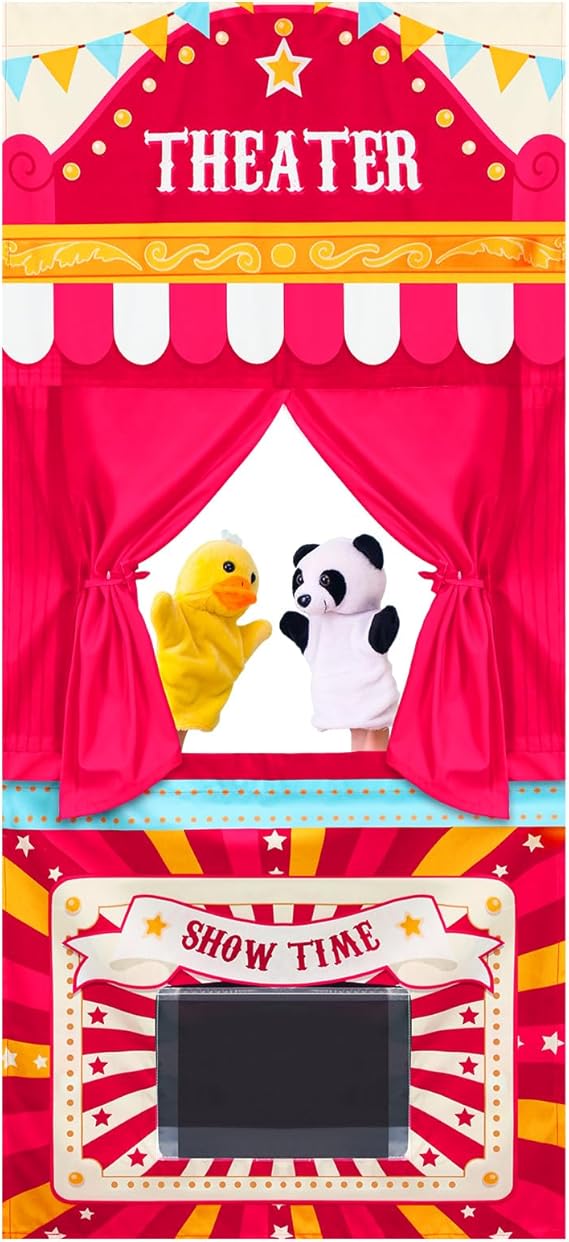Doorway Puppet Theater with 2 Adjustable Rods Fits in Most Doorways 67 x 31 Inch Foldable Hanging Puppet Show Theater for Christmas Holiday Home(Theater Style)