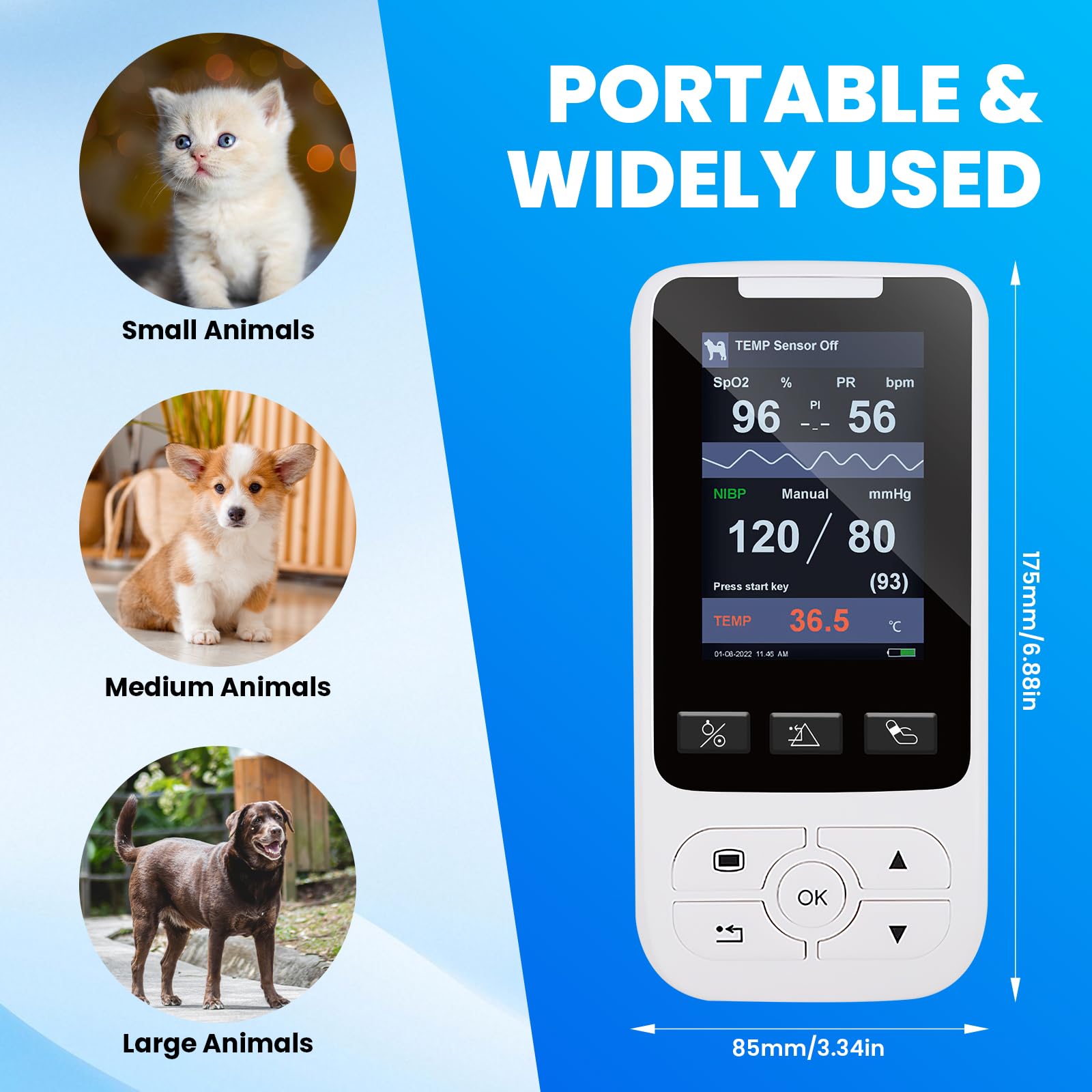 Monitor veterinario per animali domestici (inclusi cani e gatti), SpO2/TEMP/NIBP/PR controllo spot o monitoraggio continuo per animali come attrezzatura veterinaria