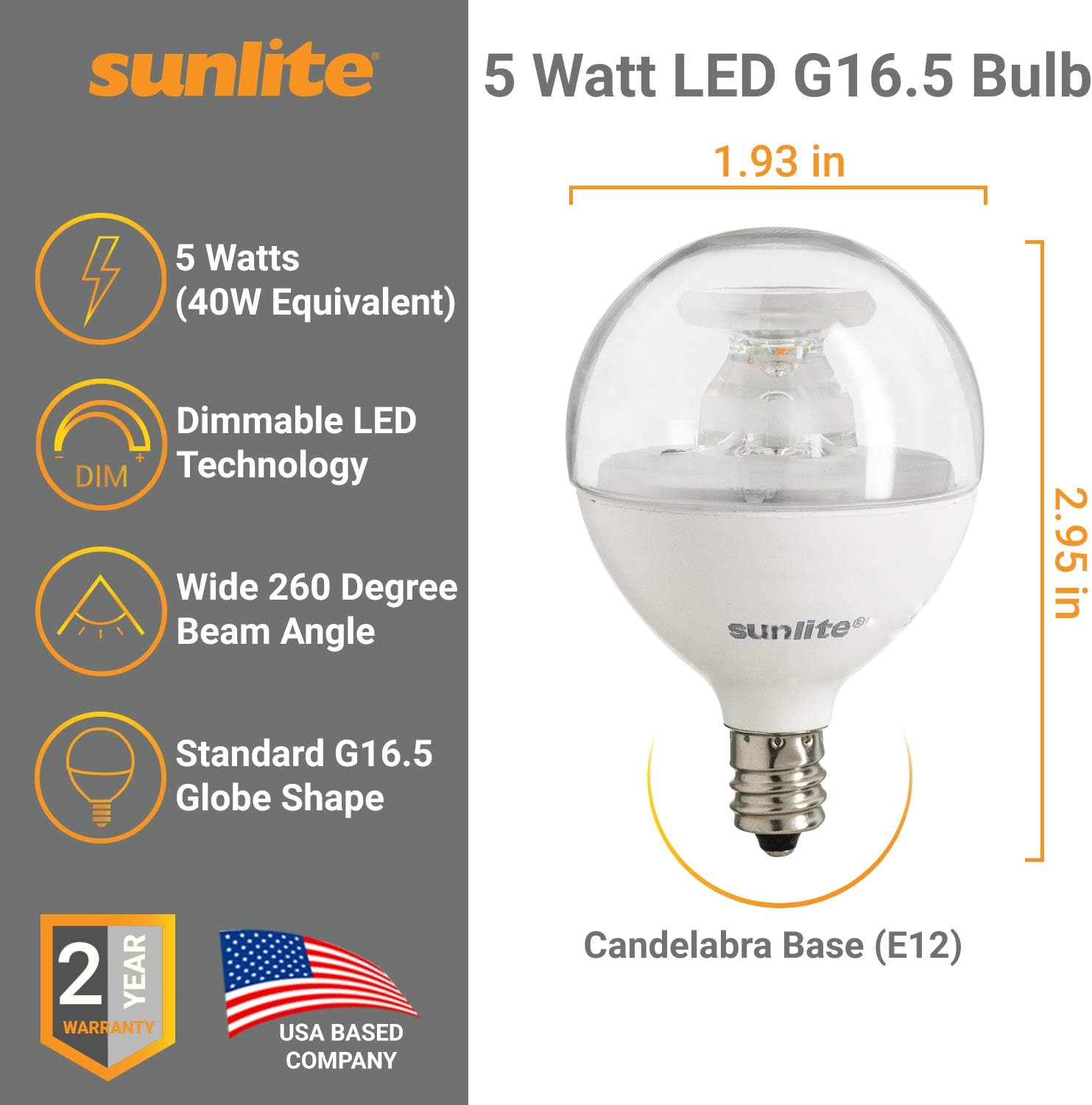 Black Friday - 70% OFF Sunlite 80409 LED G16.5 Globe Light Bulb, 5 Watts (40W Equivalent), 350 Lumens, Dimmable, Candelabra E12 Base, Short Bulbs, Vanity Bulbs, Energy Star Listed, Clear, 1 Count