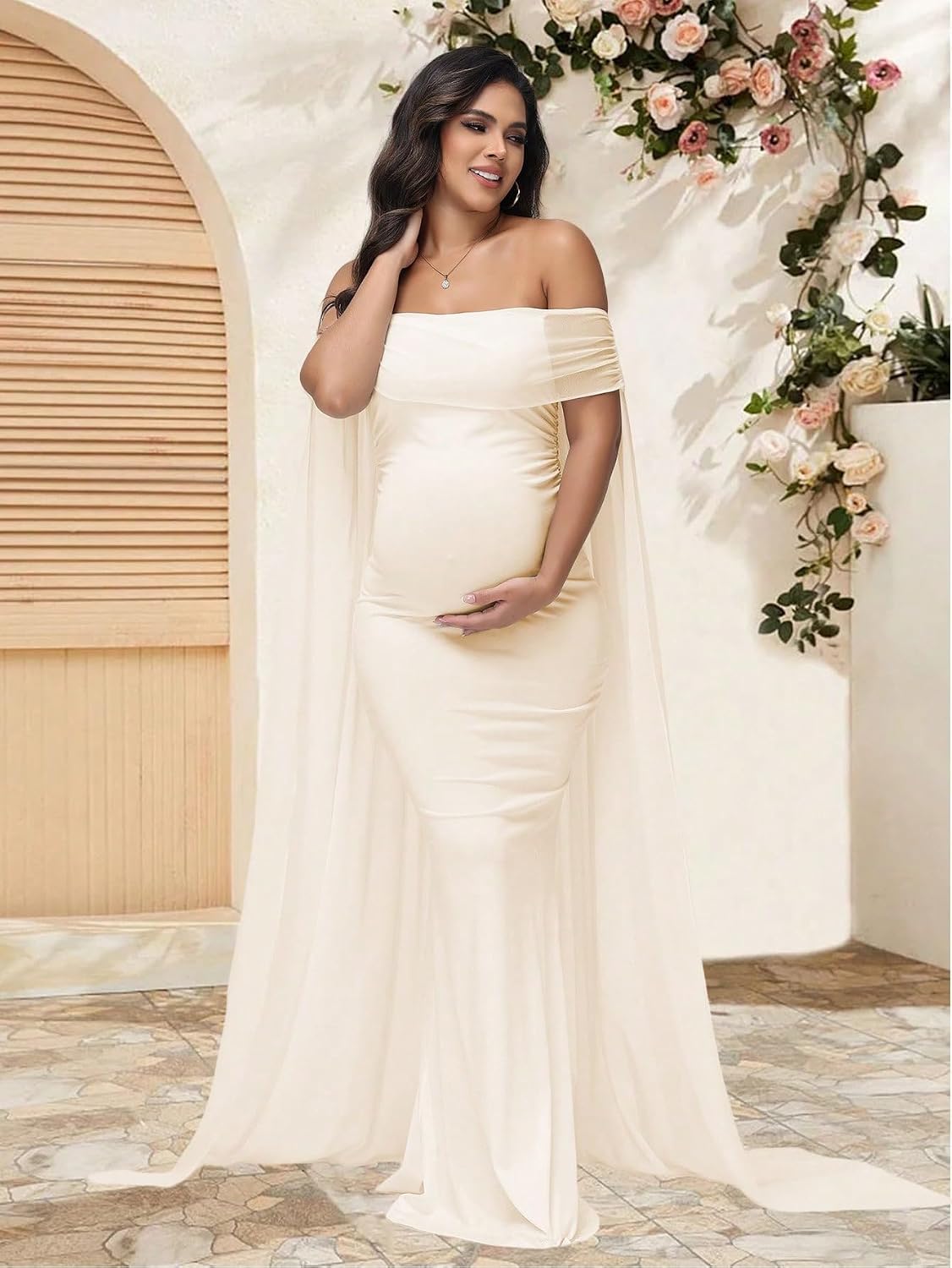Women's Maternity Mesh Off Shoulder Chiffon Maxi Photoshoot Dress for Baby Shower Cloak Outfit Maxi Photography Gown