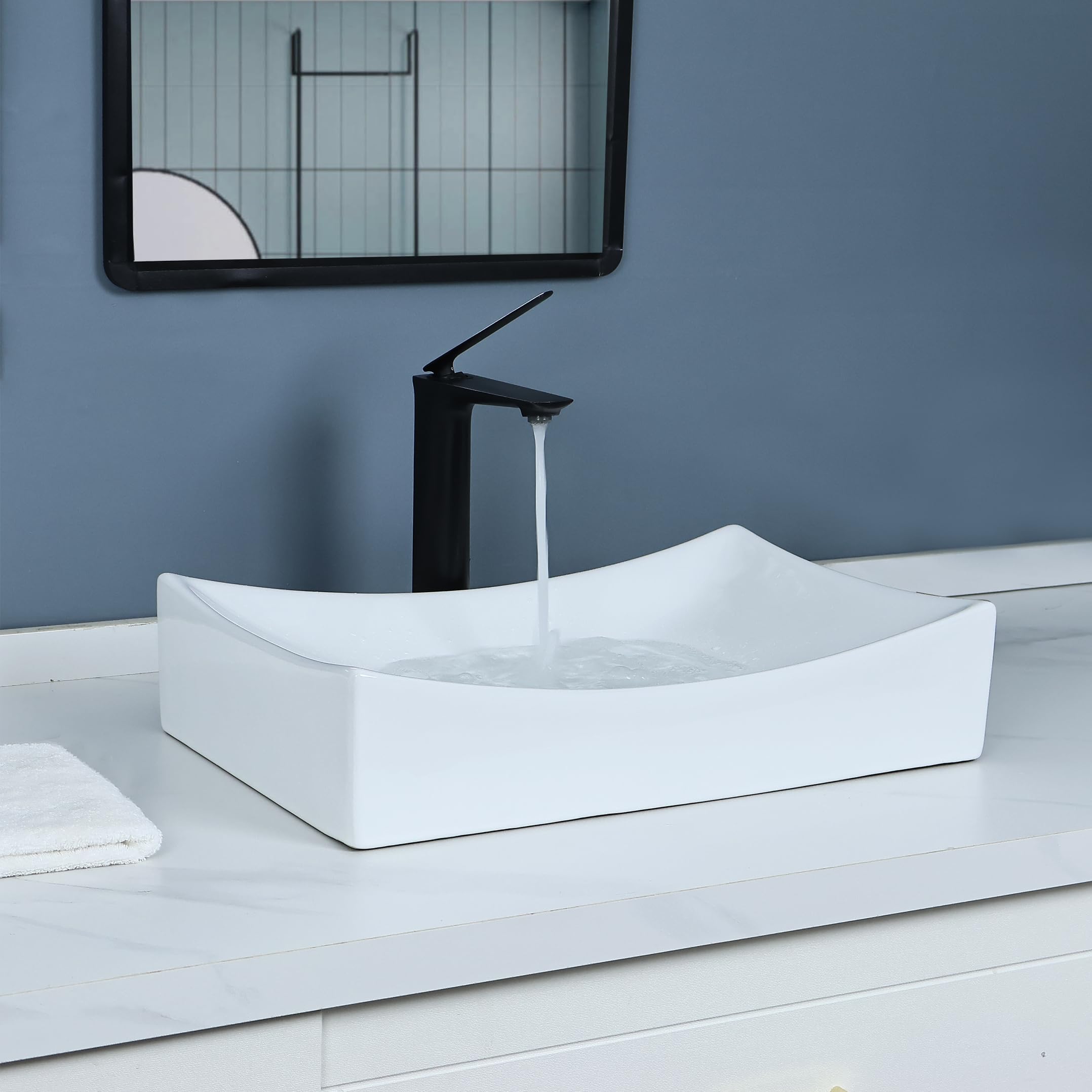 bathivy 22"x14" Rectangle Vessel Sink with Pop up Drain, Above Counter Bathroom Sink, Rectangular Bathroom Vessel Sink, Modern White Porcelain Ceramic Vessel Sink, Countertop Vessel Sink for Bathroom