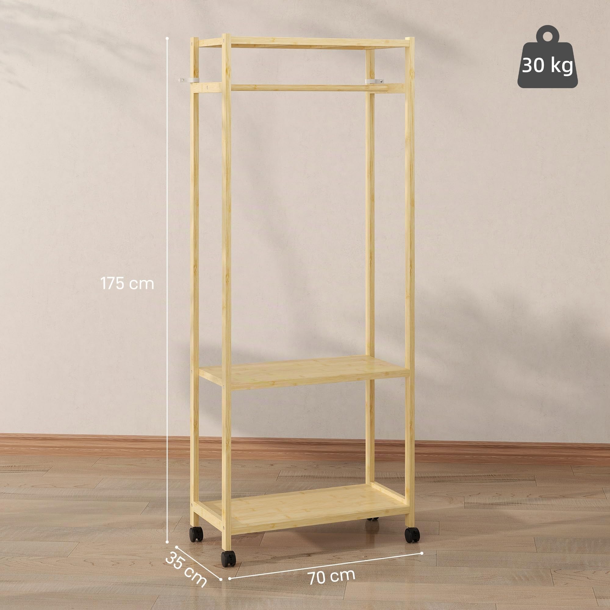 HOMCOM Stand Appendiabiti da Terra con Barra 70x35x175 cm Legno Naturale | 4 Ruote, Attaccapanni da Terra Salvaspazio, Ripiani Inferiori in Bambù, per Soggiorno, Camera da Letto