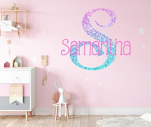 Calcomanía de pared de vinilo con inicial y estrellas impresas con inicial y estrellas para el cuarto del bebé, calcomanía de pared para bebés
