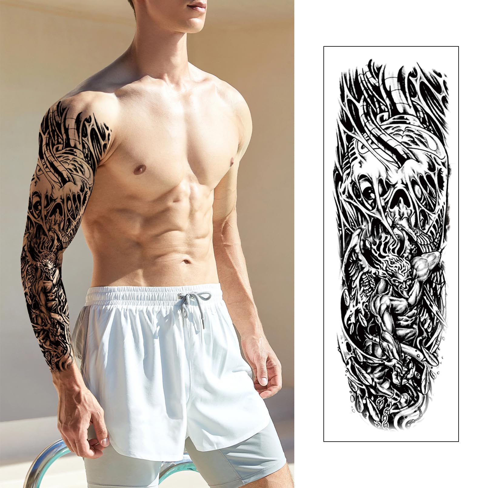 Halloween Full Arm Black Temporary Tattoo for Men, 8 Sheets Millitary Skull Skeleton Military Totem Sleeve Tattoos Temporary, Demon Horrible Fake Tattoos That Look Real, Tigers