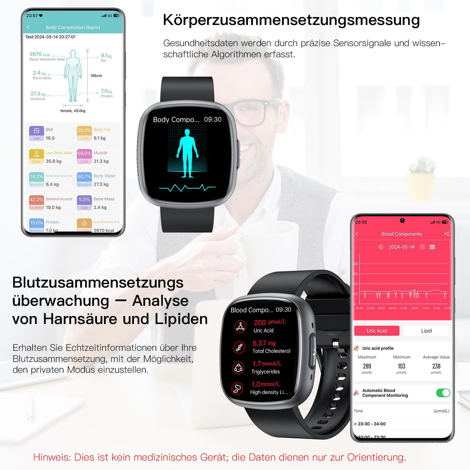 2025 Smartwatch mit EKG+HRV/BMI/Harnsäure, 1.75'' HD Gesundheitsuhr Herren Damen mit 24H Blutdruck, Herzfrequenz, Körpertemperatur, SpO2, Schlafmonitor, Fitnessuhr für Android iOS