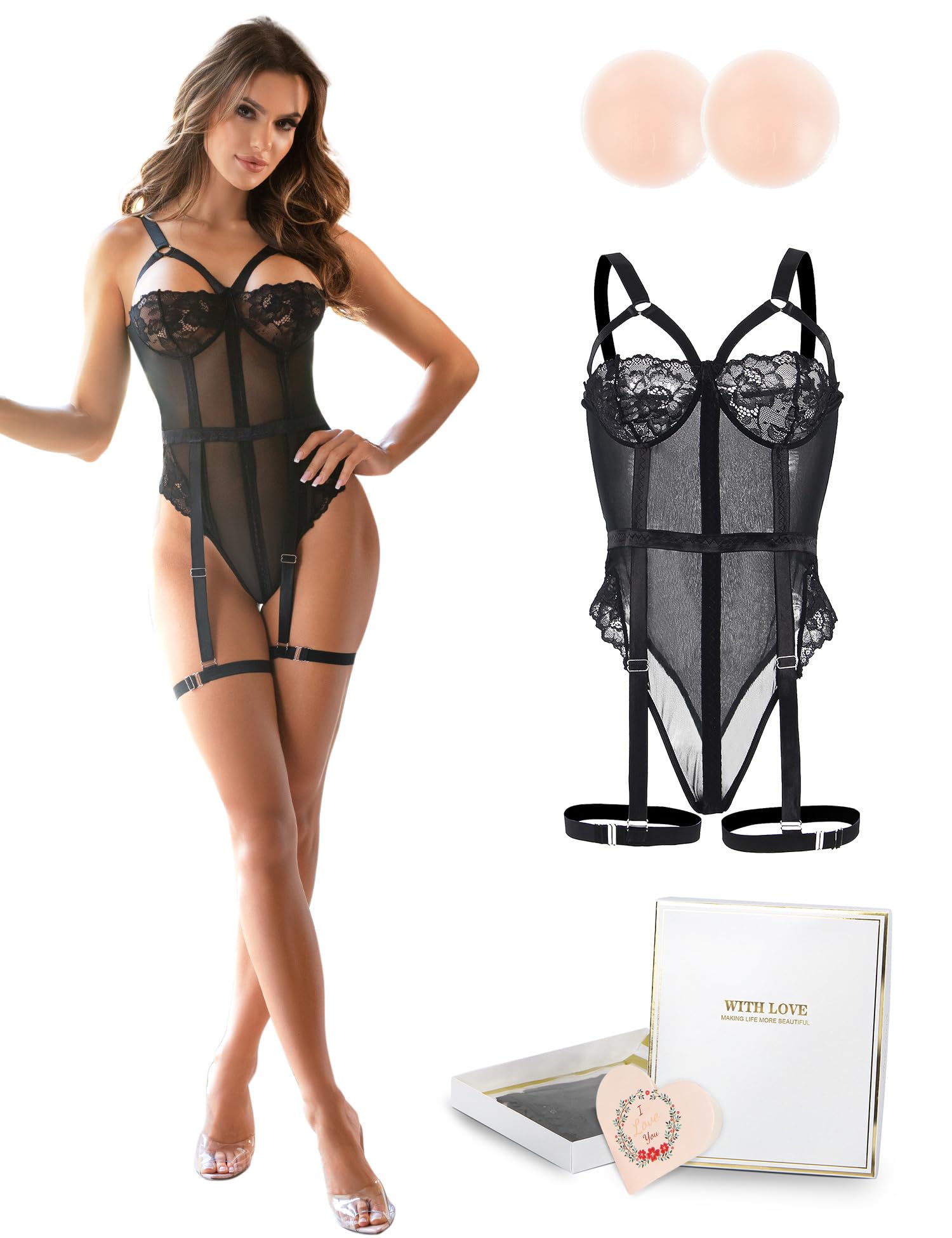 ohmydear Baby Doll Intimo Donna Hot in Pizzo Completo Intimo Donna Seducente Taglia Forti Sexy Lingerie Hot Vestitino Trasparente Abito Sexydonna con Tanga Scollo a V Senza Schiena
