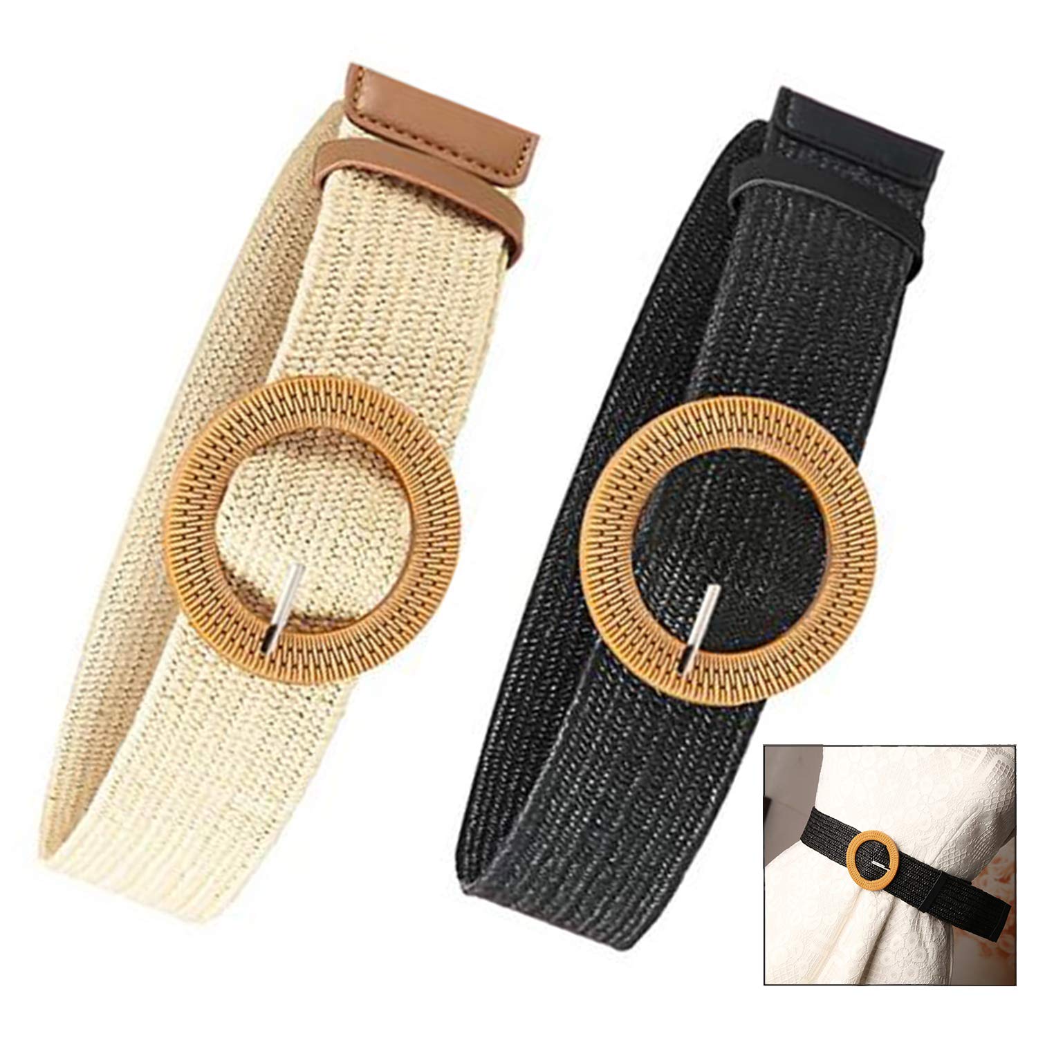 2 Pcs Cinturón Mujer, Cinturón de Rafia de Paja para Mujer, Cinturones de Cintura Elástico de Tejido de Paja para Vestido de Verano, Falda Corta, Estilo Bohemio