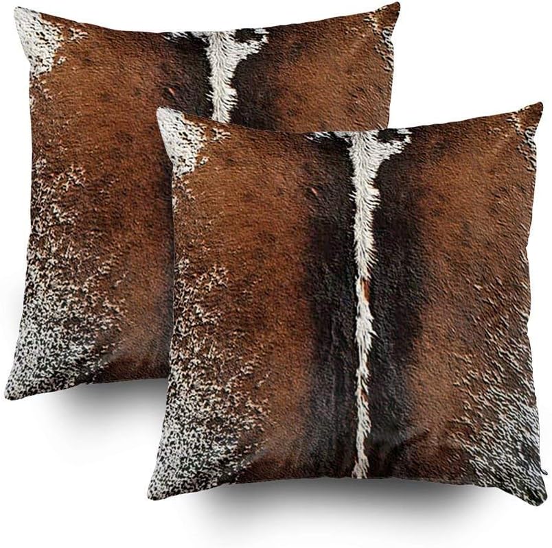 Pack of 2 Brindle Brown Cowhide Leather Print Cushions Case Throw Pillow Cover for Sofa Home Decorative Pillowslip Gift Ideas Household Pillowcase Zippered Pillow Covers 20X20Inch