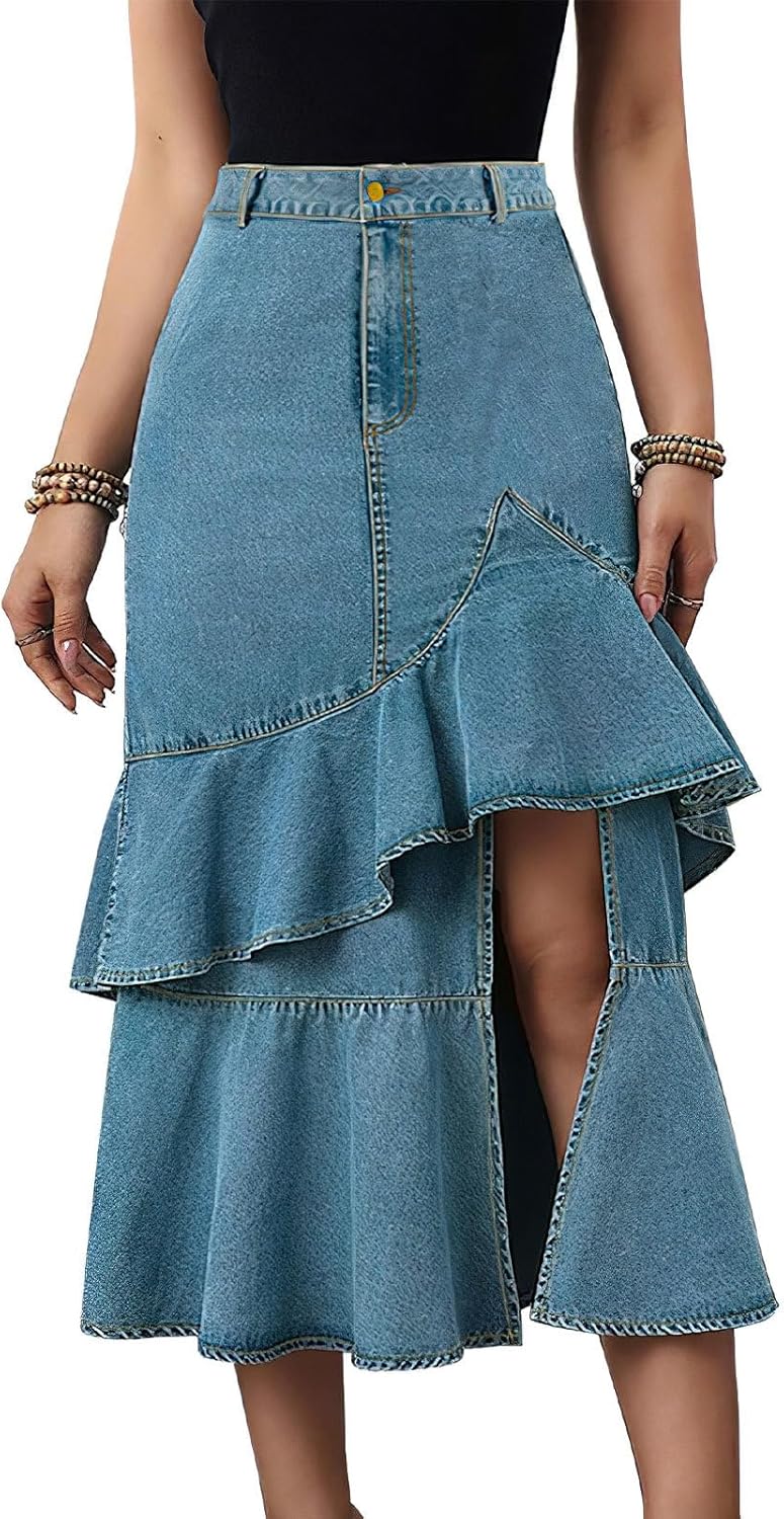 ebossy Women's Plus Size Ruffle Jean Skirts High Waist Fishtail Denim Maxi Skirts