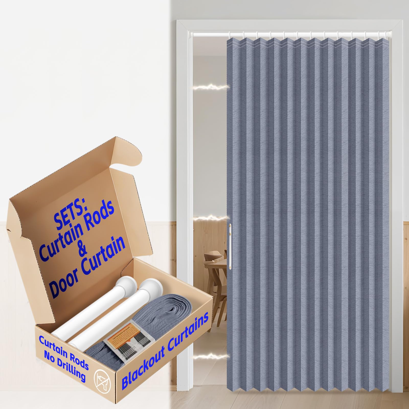 AJAZZ Blackout Accordion Door with Curtain Rods Adjustable 28-52" Long Closet Door Curtain Invisible for Bedroom Room Living Room Doorway (1 Pack, 52 W x 78 L, Dark Blue)