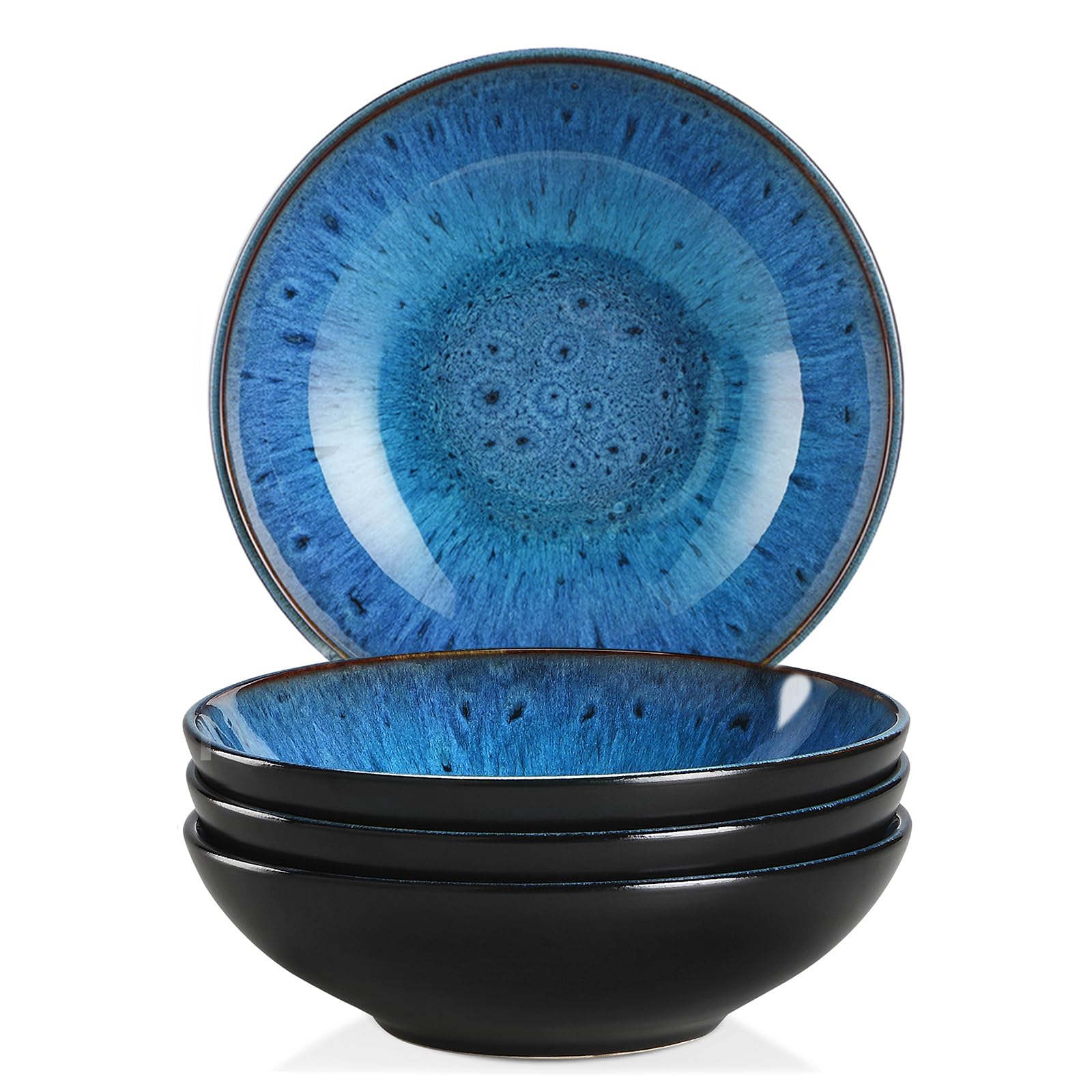 vancasso Bubble Stoneware Wide and Deep Pasta Bowl Set, 4-Piece Reactive Glaze Blue Soup Plate, 8.2in Soup Bowl Large Bowl. 950ml/32oz
