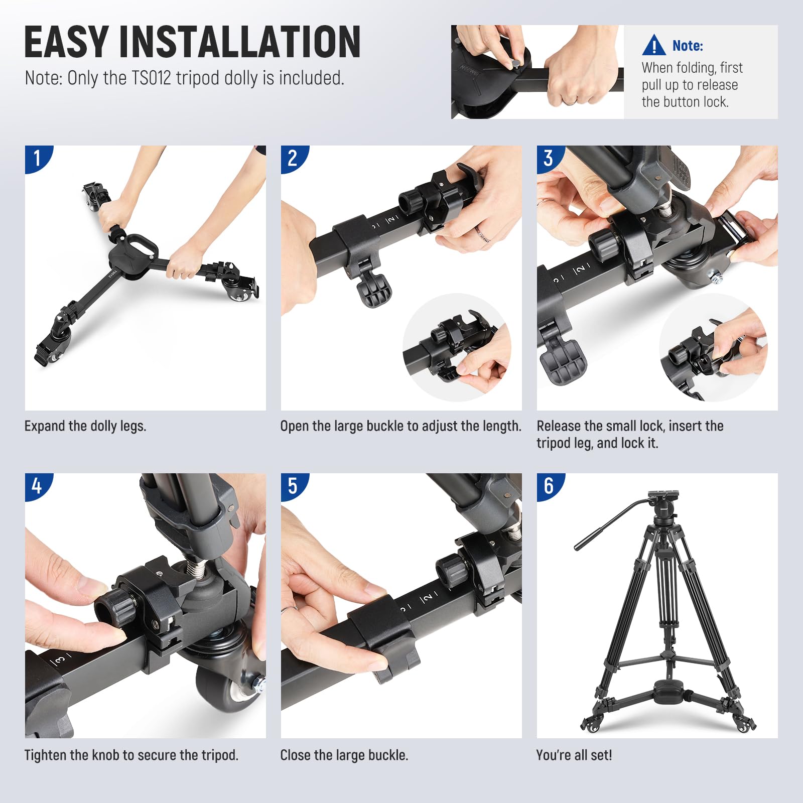 NEEWER Dolly pour Trépied de Photographie, Chariot à Verrouillage Rapide avec Roues en Caoutchouc de 7,6cm, Pieds Télescopiques,Poignée et Sac,Charge Maximale de 20 kg pour DSLR,Caméscopes,Vidéo,TS012