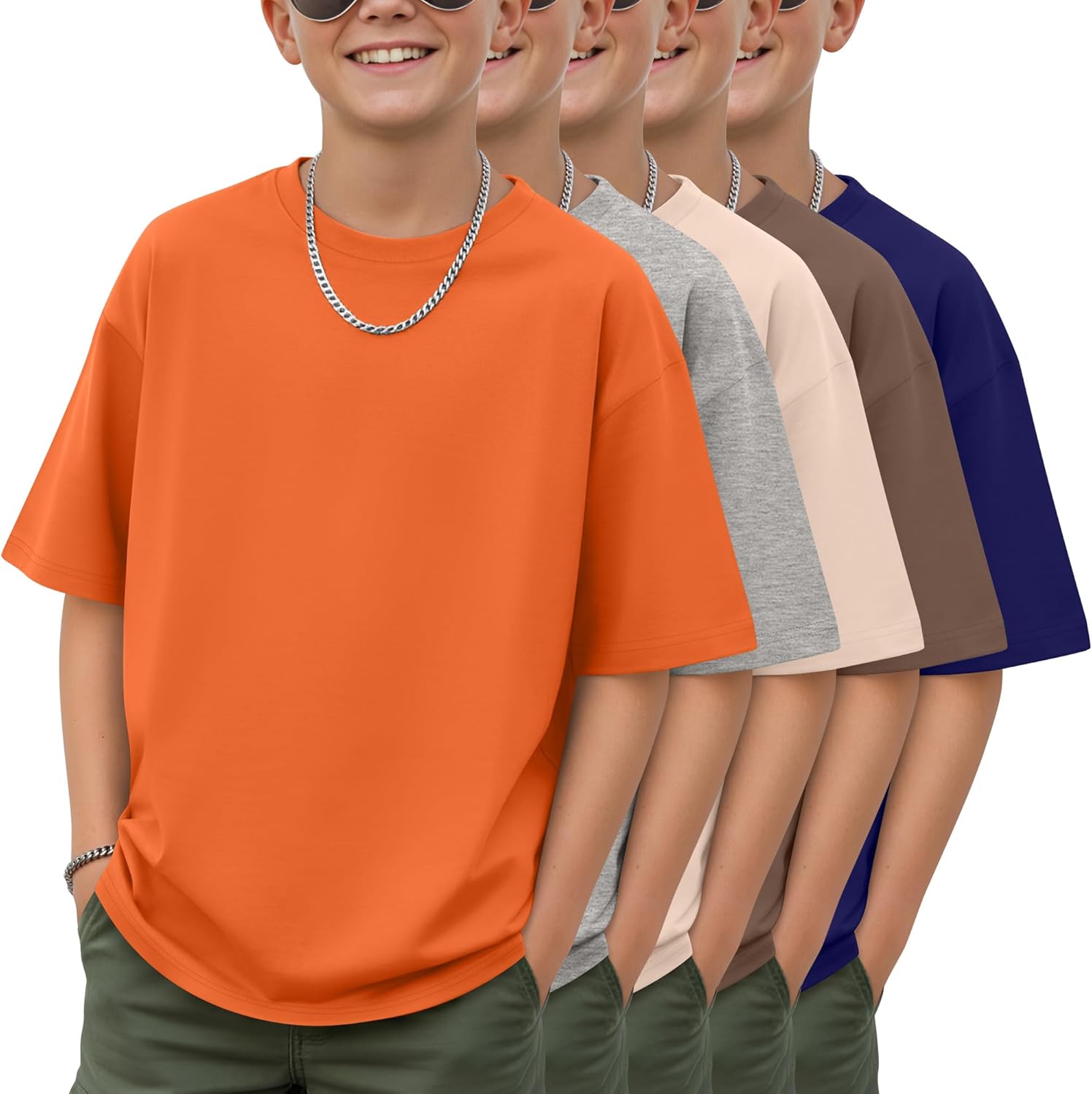 Oakgarden 5 Pack Boys Oversized Shirts Loose Fit Plain Short Sleeve Crewneck Tops Baggy Casual Basic Tees for Kids 5-14 Years