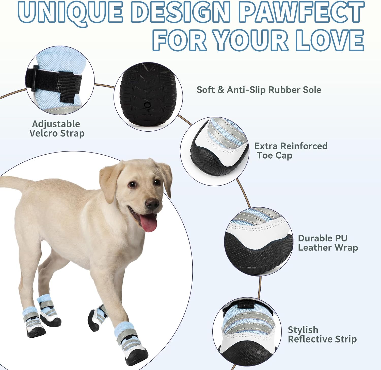 Dog Boots, Waterproof Dog Shoes with Reflective Straps, Rugged Anti-Slip Sole Paw Protectors for Medium Large Dogs, Breathable Pet Booties for Hot Pavement, Snow, Hiking, 4Pcs