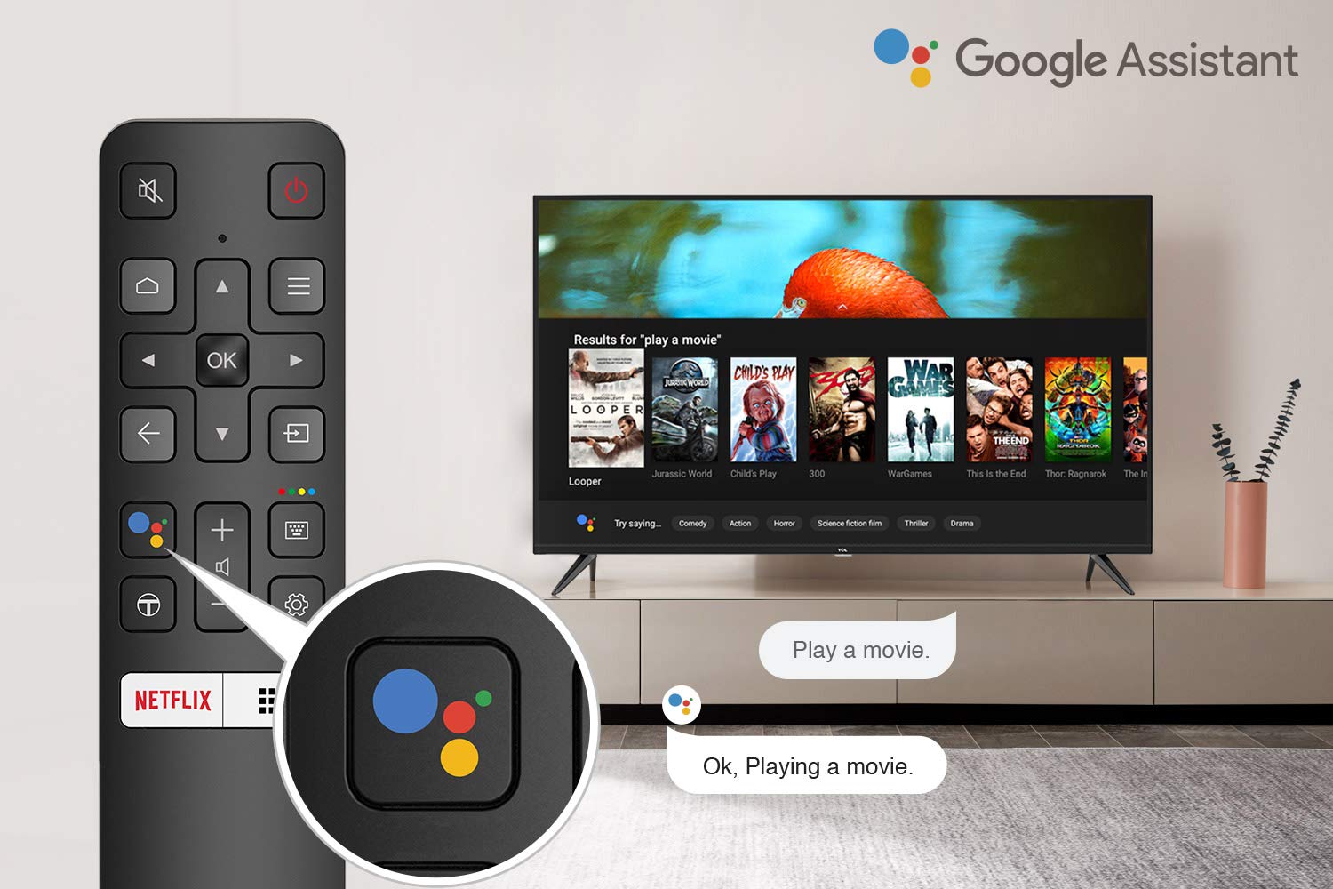 TCL 55P8 remote control with Google Assistant button