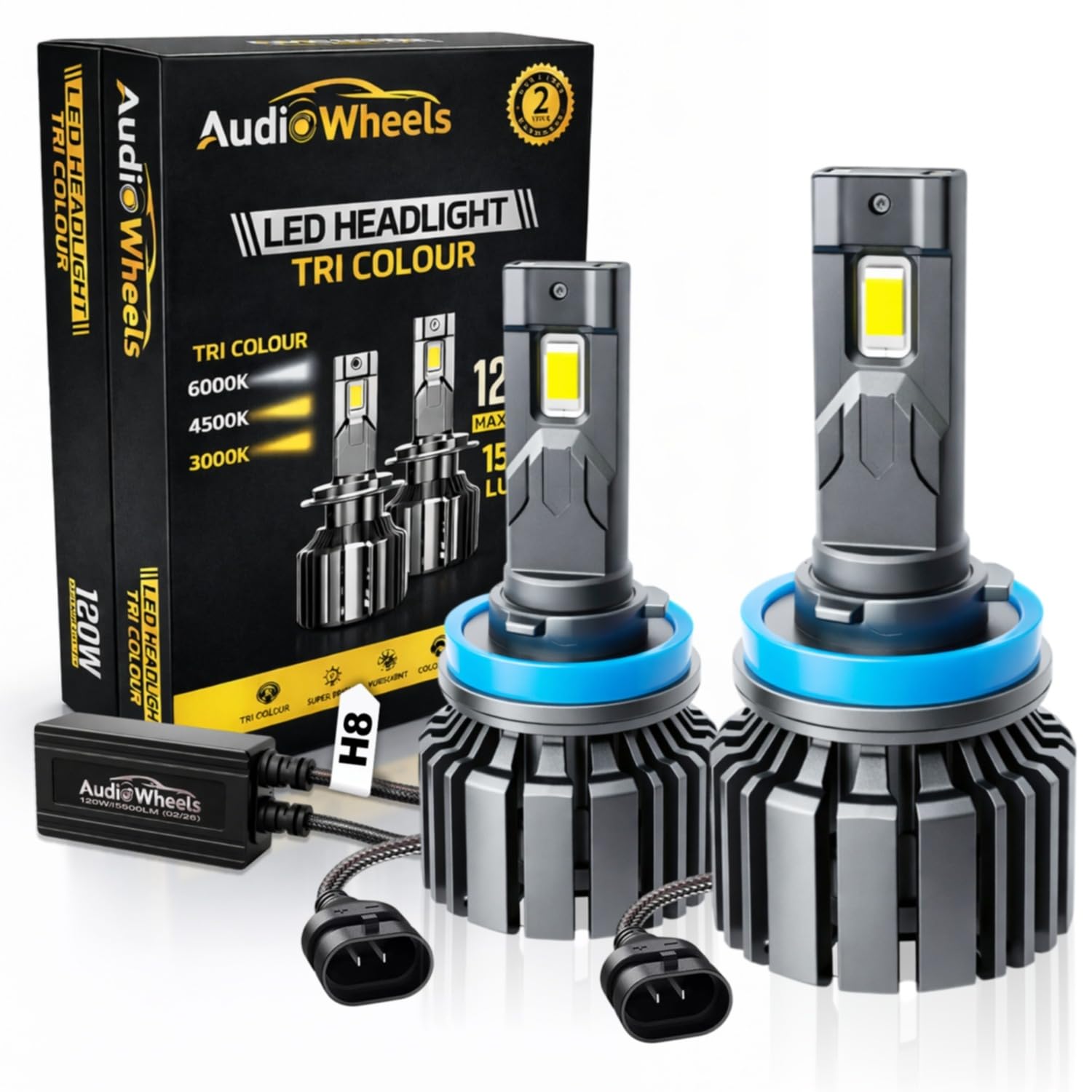- Audio Wheels H8/H11 LED Headlight Tri Colour, Single Beam 120W (15000LM) | 6000K/4300K/3000K | IP68 Waterproof Plug & Play Car Headlamp 12V/24V with Advanced Cooling | 2 Years Warranty