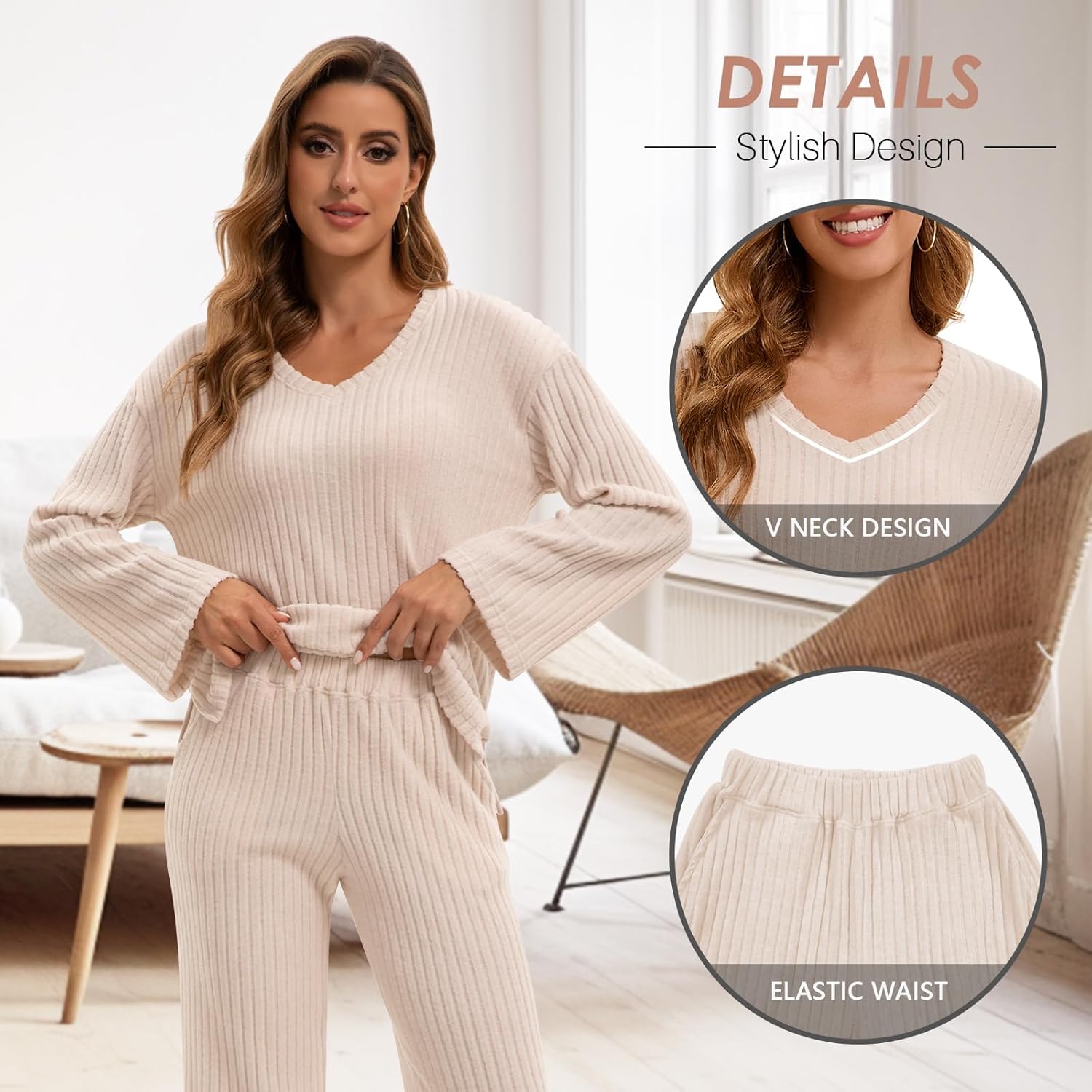 WOWENY Womens 2 Piece Outfits Lounge Sets With Pockets Long Sleeve V Neck Ribbed Pajama Sets Casual Wide Leg Pants Loungewear - Image 4