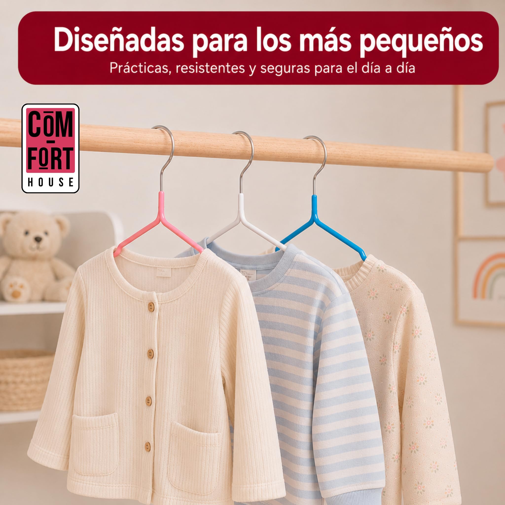 Percha de Plástico Infantil Rosa y Blanca 25 cm Pack 120 COM-FORT HOUSE