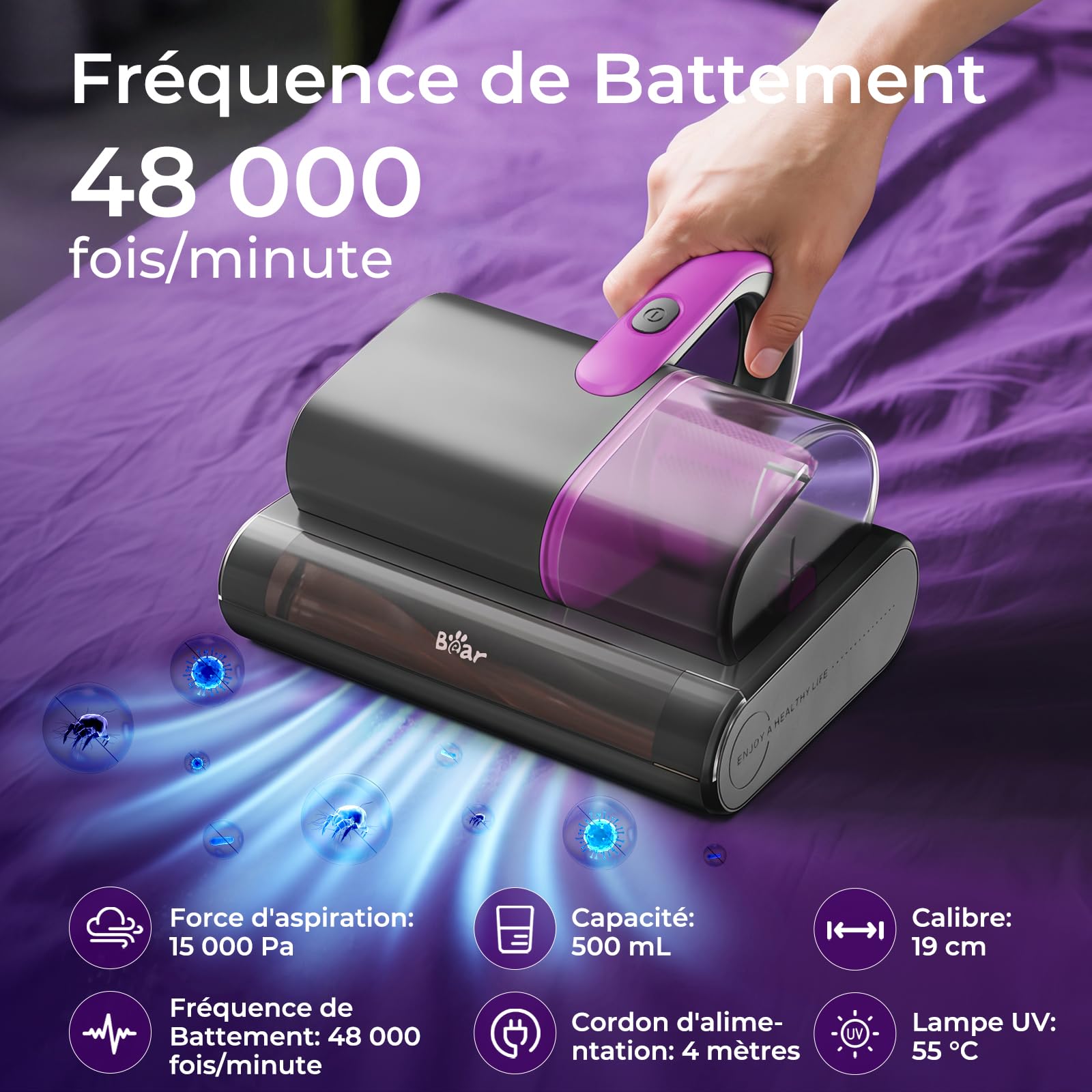 Bear Aspirateur anti-acariens matelas, 15 kpa, 35000 tr/min, UV-C, punaises de lit, 99,9 % bactéries, allergènes, 4 m