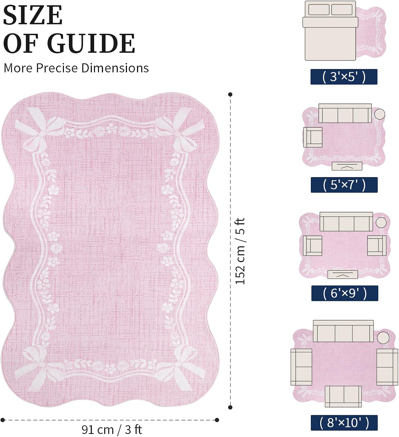 YIHOUSE 3'x5' Area Rug Pink Bow Scalloped Nursery Rug,Cute Princess Girls Bedroom Rug Washable,Non Slip Soft Low Pile Floral Border Carpet for Living Room Entryway Small Space