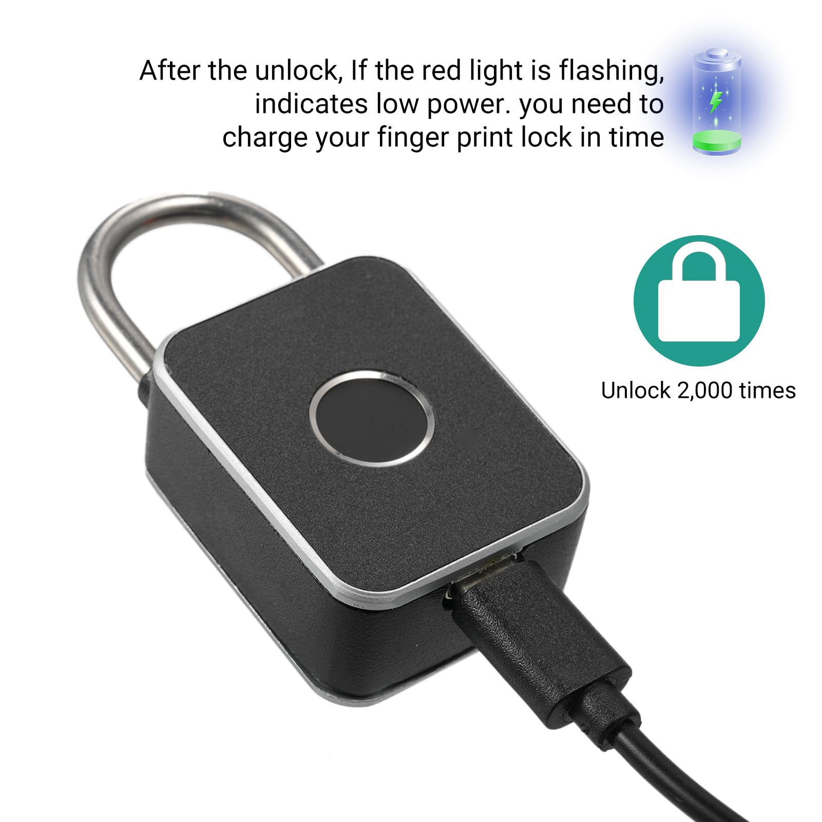Candado con huella dactilar, desbloqueo biométrico sin llave, carga USB para gimnasio, bolsas de equipaje, mochilas, taquillas de valla (Huella digital y aplicación)