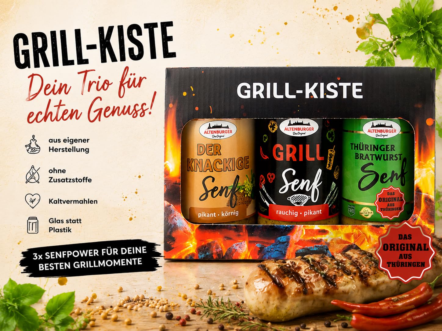 Thüringer Senf-Geschenkset Grill Kiste mit 3 Sorten Spezialitäten – Vorschau 2