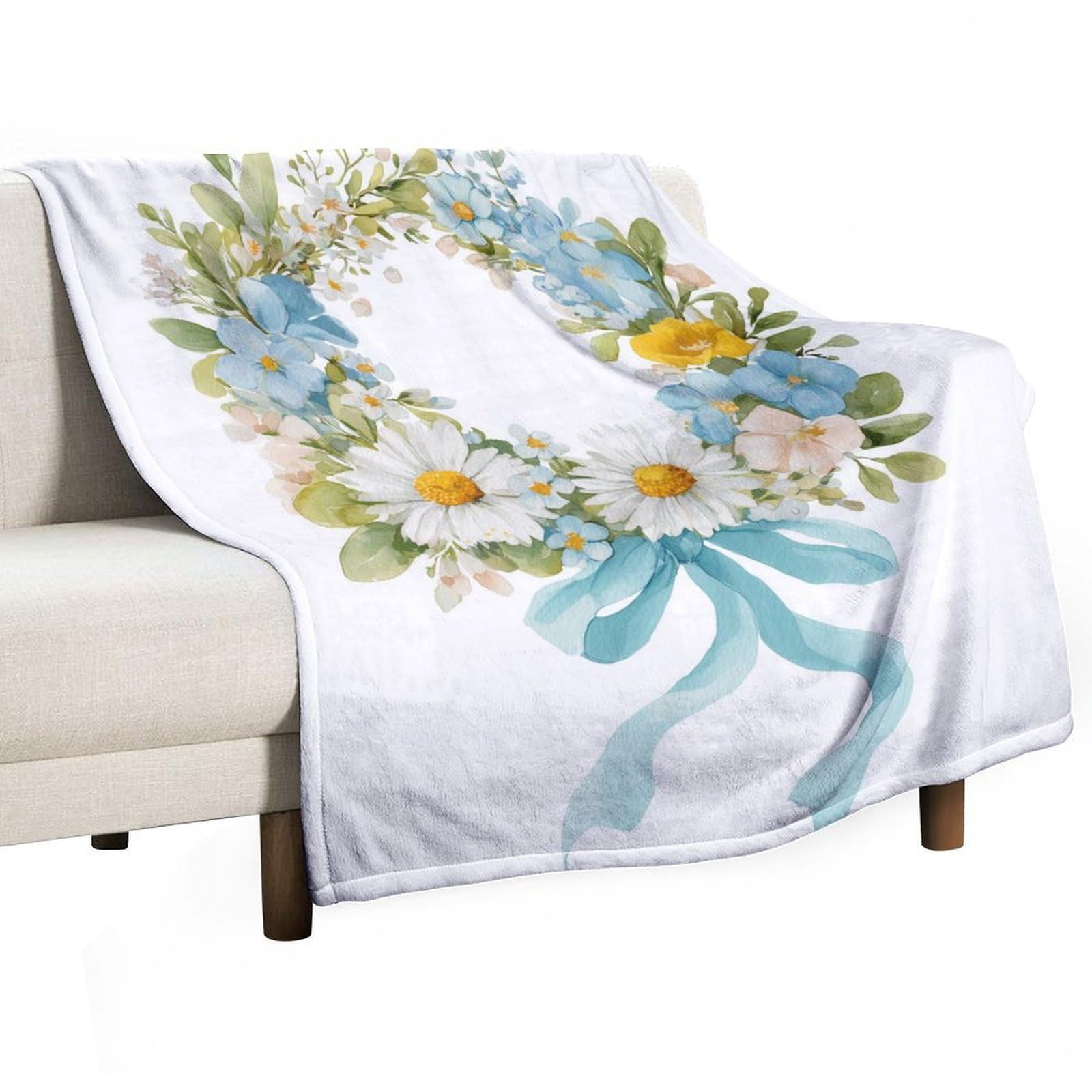 Jubonexis Watercolor Flower Wreath Tied Light Blue Ribbon Anti Pilling Throw Blankets Cozy Durable Blanket for Bedroom Living Rooms Couch Sofa Bed 130x150cm(50x60in)