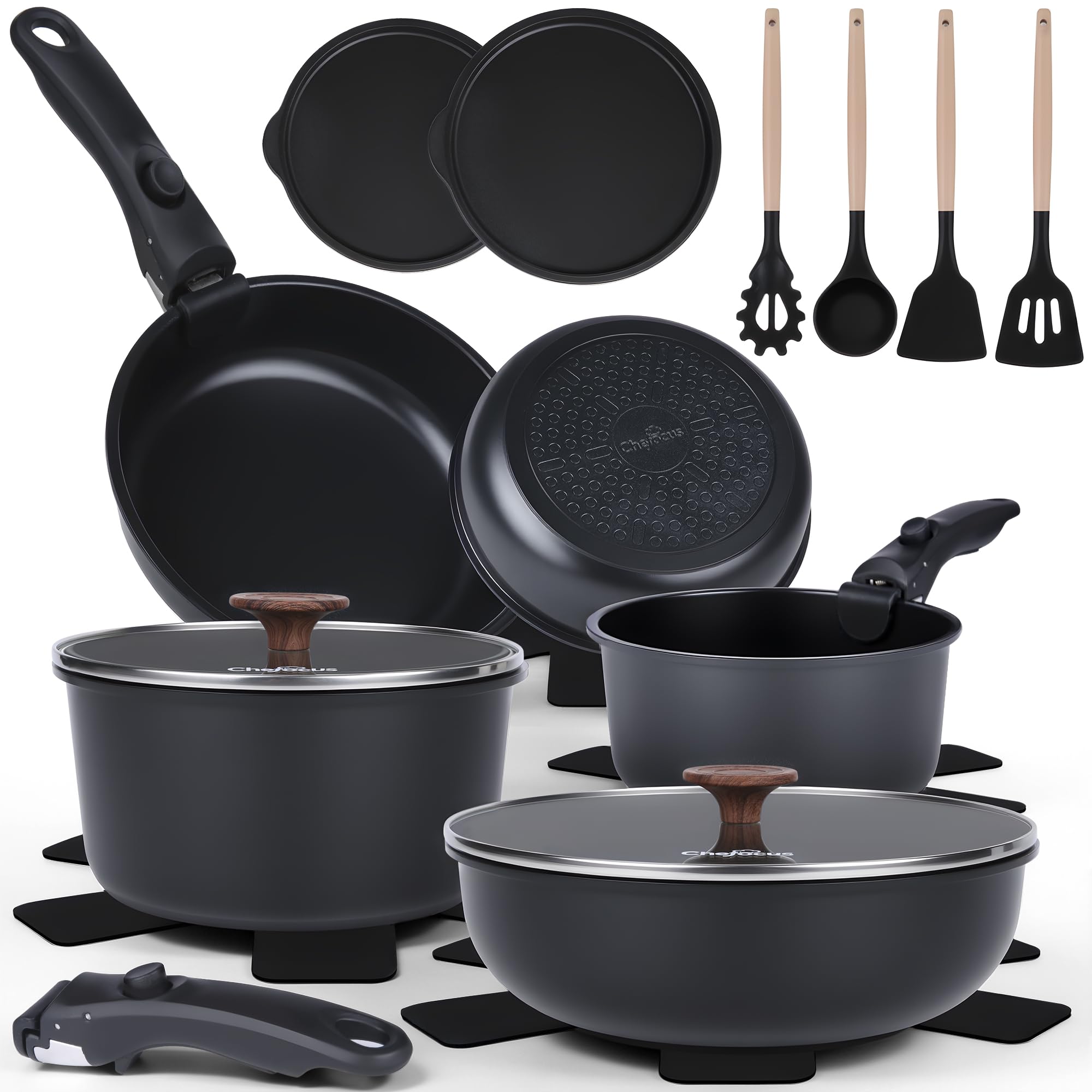 Set di pentole e padelle con rivestimento antiaderente in ceramica e manico rimovibile, compatibile con tutti i piani cottura, lavabile in lavastoviglie, senza PFAS PTFE PFOA PFOS (nero, 20