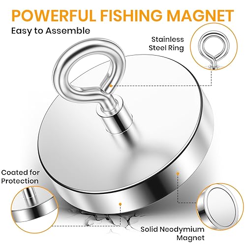Miniatura 14 de VNDUEEY Imanes de pesca de neodimio, fuerza de tracción de 200 libras, imán de tierras raras con perno de ojo avellanado para recuperar en el lago