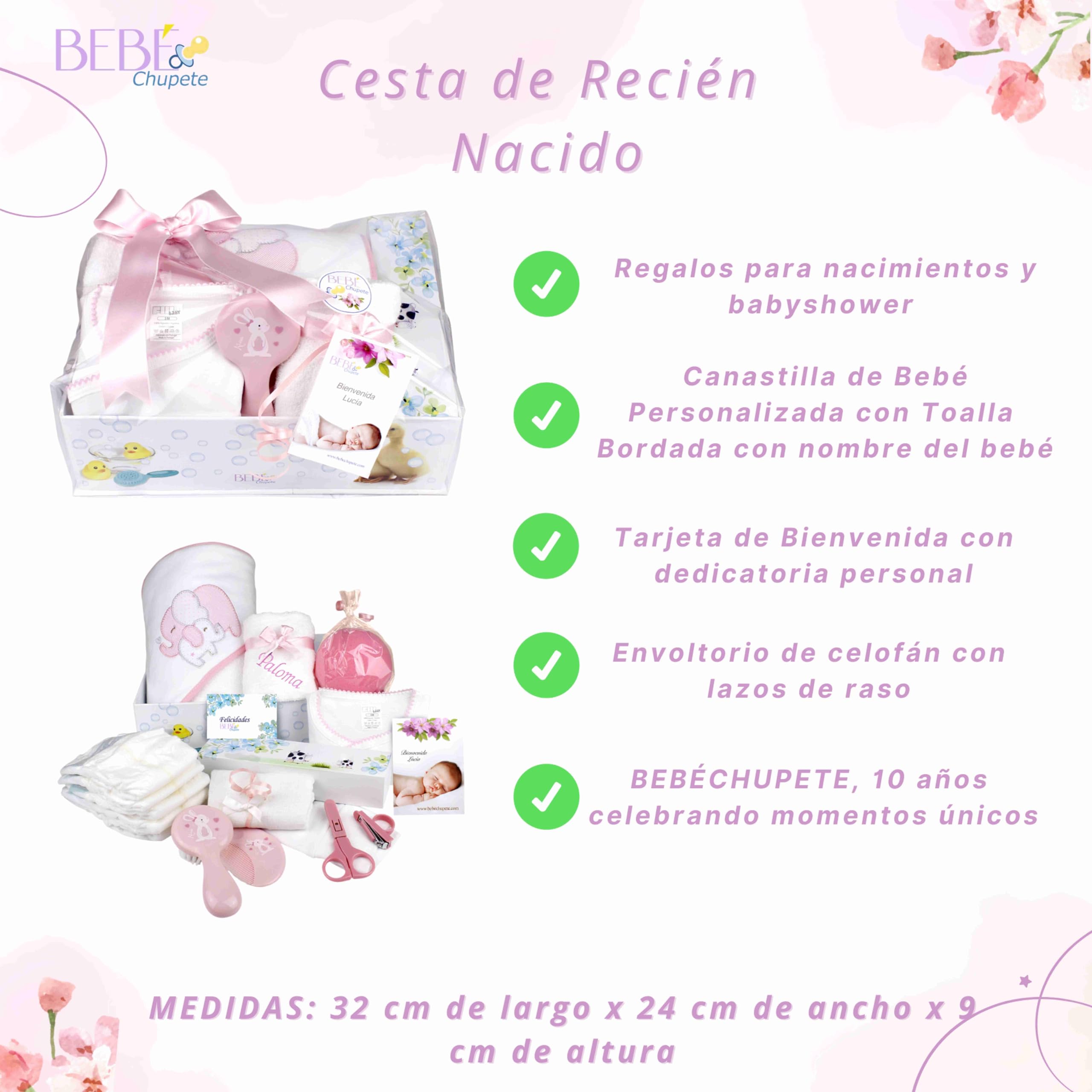BEBÉCHUPETE Canastilla bebe Personalizada(Talla 0-3 meses)- Cestas bebe - Regalos bebes recien nacidos originales - Regalo bebe recien nacido niña -Recien nacido niño- Cosas para bebes (Rosa)