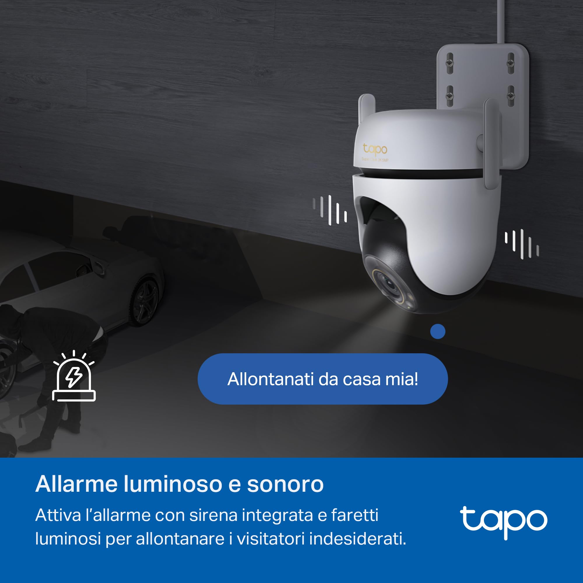 Tapo C530WS Telecamera Wi-Fi Esterno 3K 5MP 360° Visione Notturna a Colori Starlight Rilevamento AI IP66 Wi-Fi Ethernet Allarme Sonoro Luminoso MicroSD 512 GB