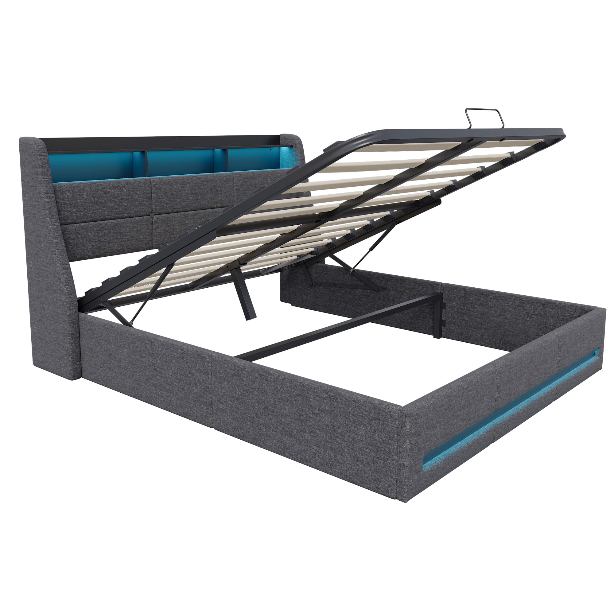 Letto baule 140 x 200 con LED, letto imbottito LED idraulico con porta USB letti imbottiti con cassapanca letti matrimoniali con contenitore (grigio+lino-1, 140 x 200)