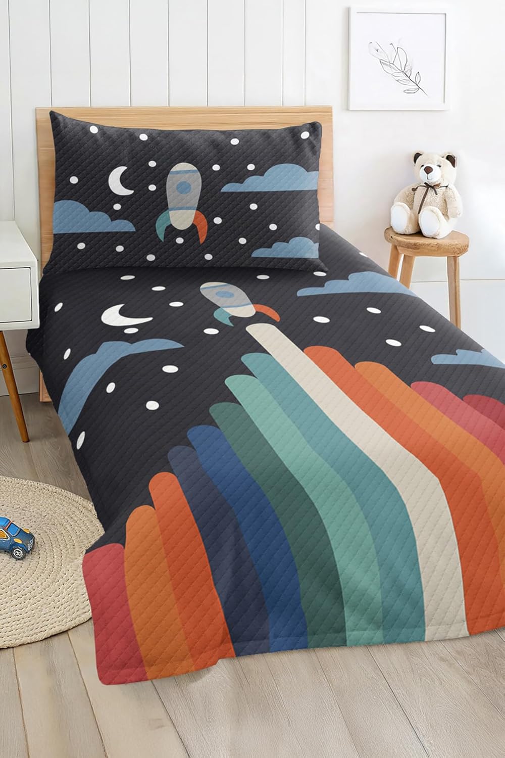 SODEF Bedding Set Rocket Pattern, Twin Size Quilt Set, Kids Room Decor, Soft Cotton Polyester, 2 Piece Set, Fade Resistant - Multicolor, One Size