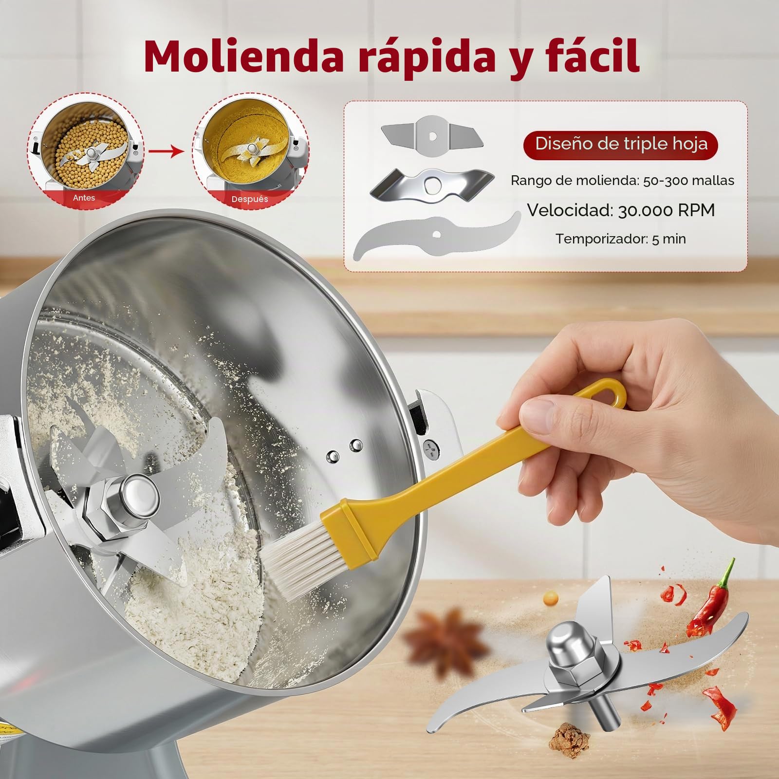 1000g Molino de Cereales, Agitar para Moler, Molino de Cereales Eléctrico para Especias/Frutos Secos/Cereales con Protección Contra Sobrecargas