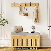 OAKVIVO Bamboo Coat Rack Shoe Bench Set with Cushion, 5 Hooks & Lift-Top Hidden Storage - Entryway Hall Tree 35.4"W Organizer