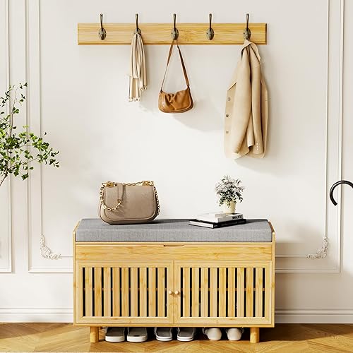 Coat Rack Shoe Bench Set, Bamboo Shoe Storage Bench with
