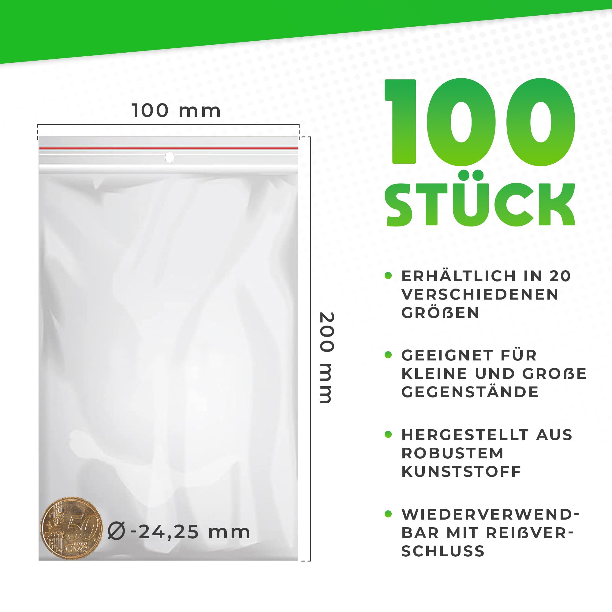 Produktbild von 100er Set Druckverschlussbeutel – ZIP Beutel In 5 Größen – LDPE, 45µm – Made In Germany