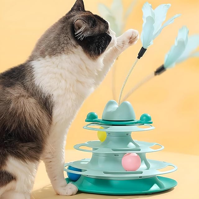 Foto 2 de 8 de MERSJO Torre de juego para gatos con 3 niveles, con bolas y pluma, 25 × 18,5 × 30 cm, color turquesa