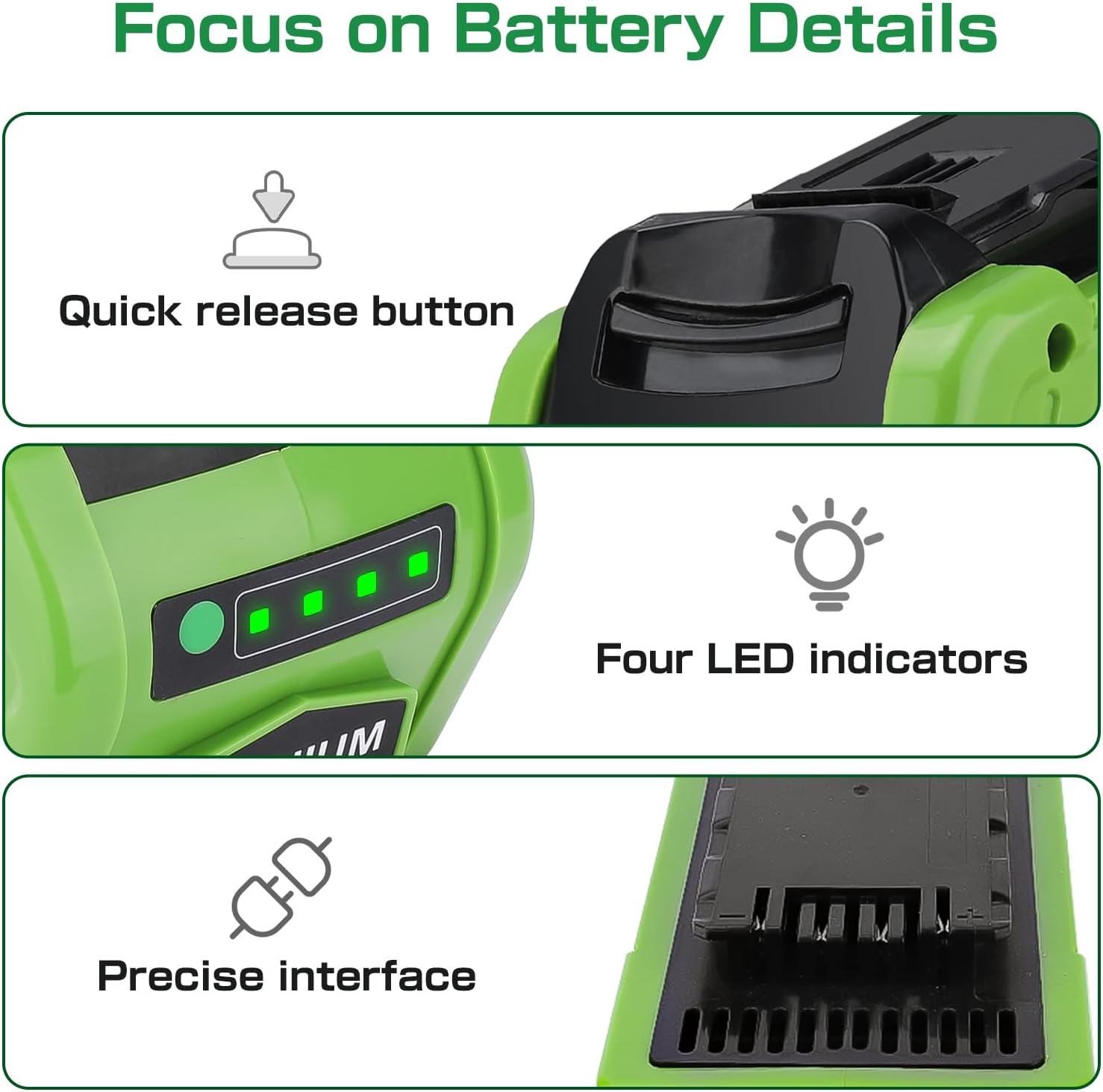 Enermall 2Pack 6.0Ah Replacement for Greenworks 40V Battery 29252 20202 22262 25312 25322 20642 Compatible with Greenworks G-MAX Battery 40 Volt Power Tools (Green)
