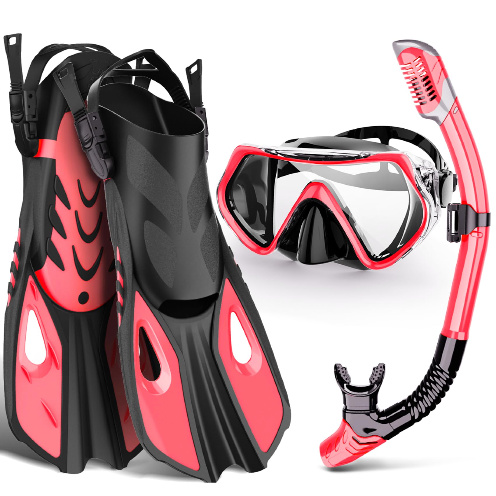 Mask Fin Snorkel Set, Snorkeling Gear for Adults with Panoramic View Mask, Dry Top Snorkel, Adjustable Swim Fins and Travel Bag, Man Woman Snorkel Gear for Swimming Snorkeling Diving