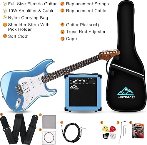 Miniatura 2 de EASTROCK Kit de guitarra eléctrica de tamaño completo de 39 pulgadas para principiantes con amplificador de 10 W, bolsa, cejilla, correa para el