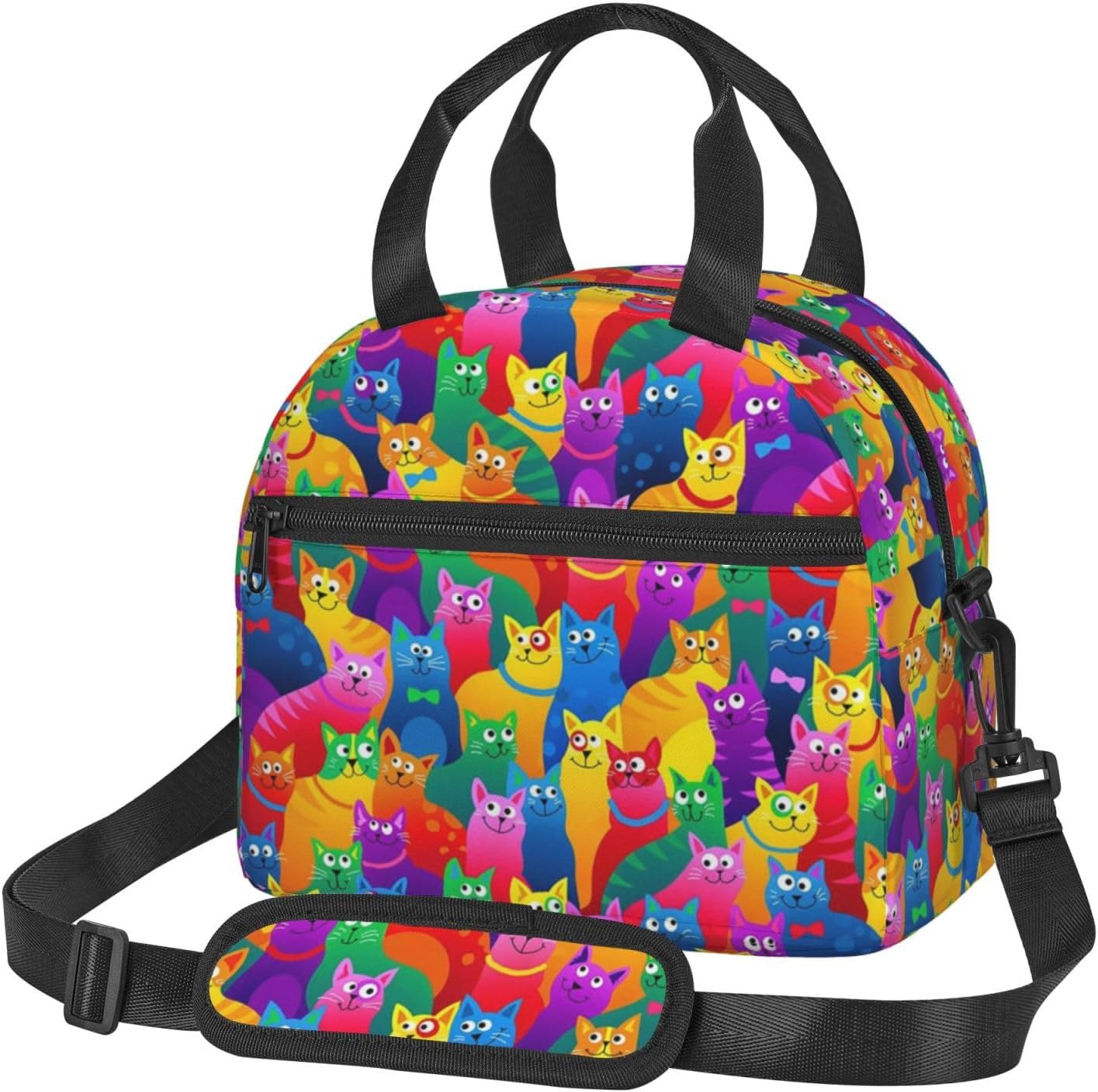 Funny Colorful Cat Reusable Insulated Lunch Box Waterproof Lunch Bag with Detachable and Adjustable Shoulder Strap for Office Picnic or Travel